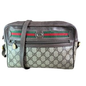 Gucci Vintage Brown and Cream Shoulder Bag with Green and Red Stripe